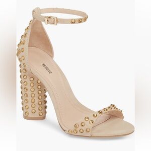 Schutz Marcelle Nude Tan Beige Suede Ankle Strap Gold Rhinestone Heel Sandal 4.5